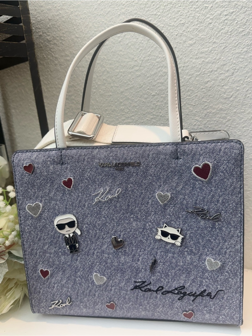 Karl Lagerfeld Blue Denim-Look Heart Accent Top-Handle Satchel